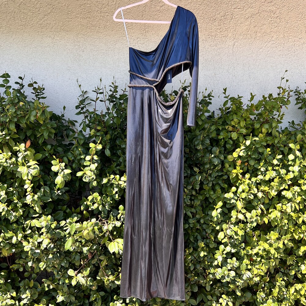 Marchesa Notte One Shoulder Maxi Dress Blue Metallic Gown Crystals Size 10 M NWT - Picture 7 of 8